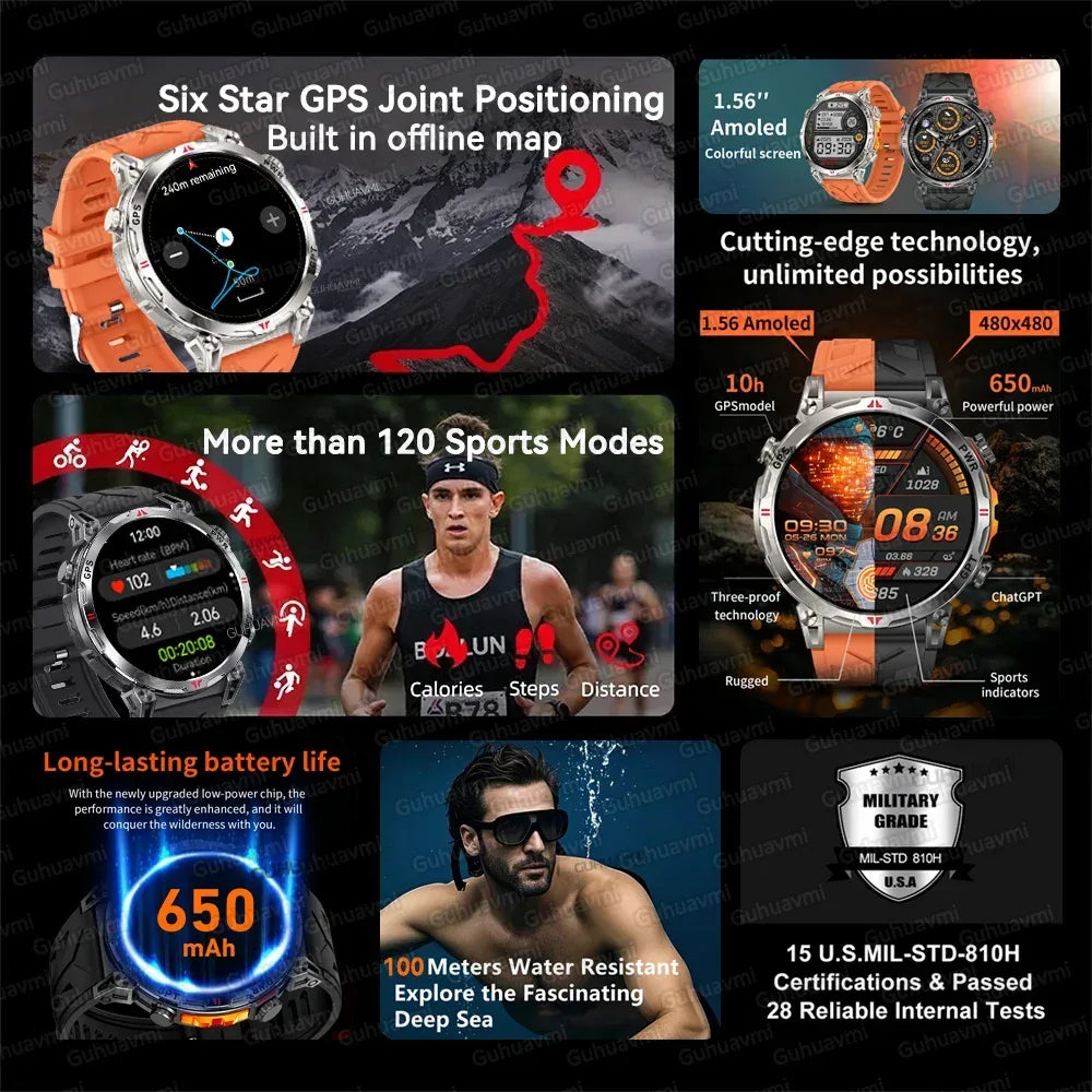 Military Grade Smart Watch Men GPS Compass Altimeter Clock 1.56" AMOLED 5ATM Waterproof Sport Fitness Tracker BT Call Smartwatch - Urbizia
