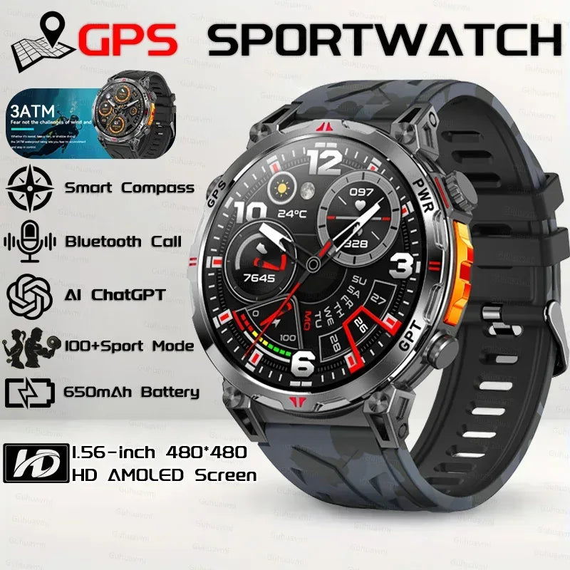 Military Grade Smart Watch Men GPS Compass Altimeter Clock 1.56" AMOLED 5ATM Waterproof Sport Fitness Tracker BT Call Smartwatch - Urbizia
