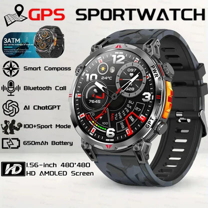 Military Grade Smart Watch Men GPS Compass Altimeter Clock 1.56" AMOLED 5ATM Waterproof Sport Fitness Tracker BT Call Smartwatch - Urbizia