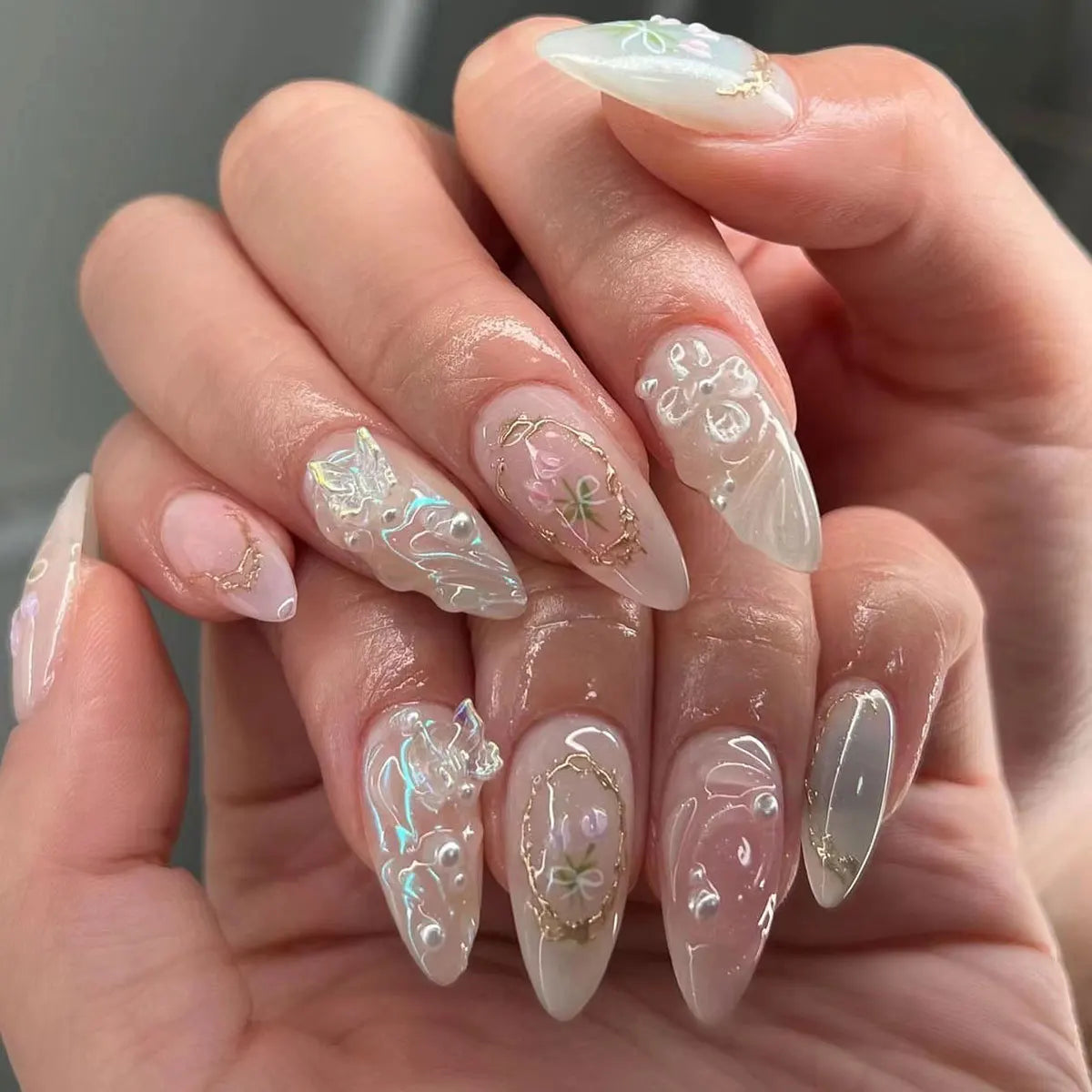 24Pcs Black Y2K Fake Nails with Diamond – Long Almond Butterfly Design Halloween Press-on Nails