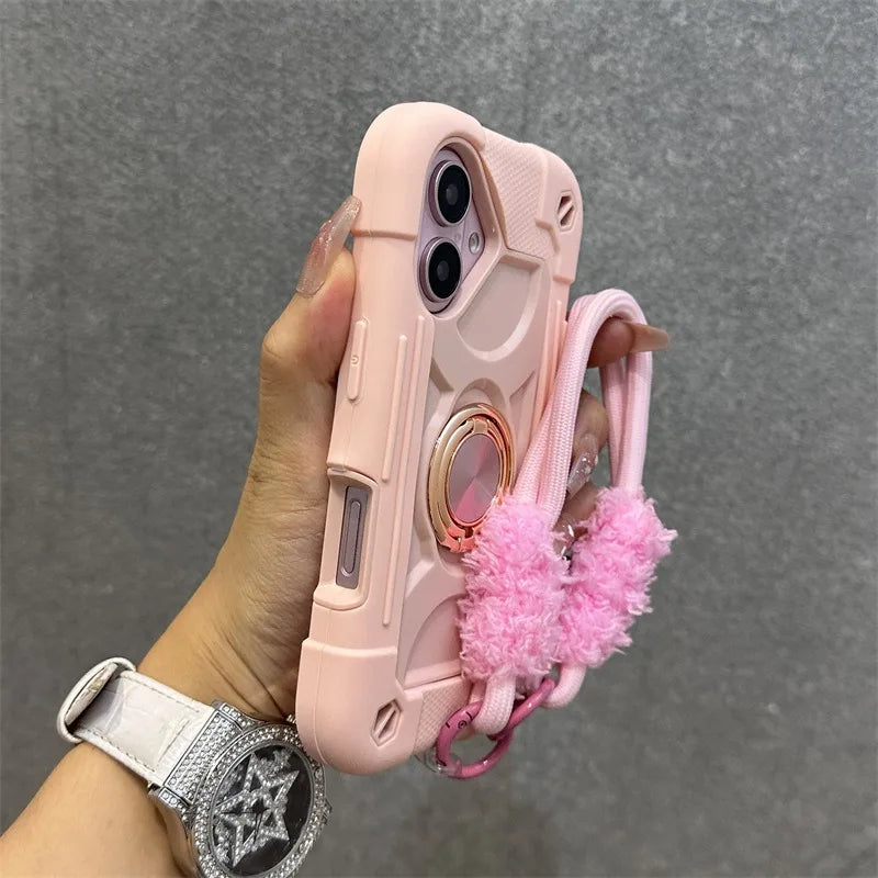Luxury 3-in-1 Ring Stand Heavy Duty Protective Case For iPhone 17 16 15 14 13 Pro Max Shockproof and Drop-Resistant with Lanyard