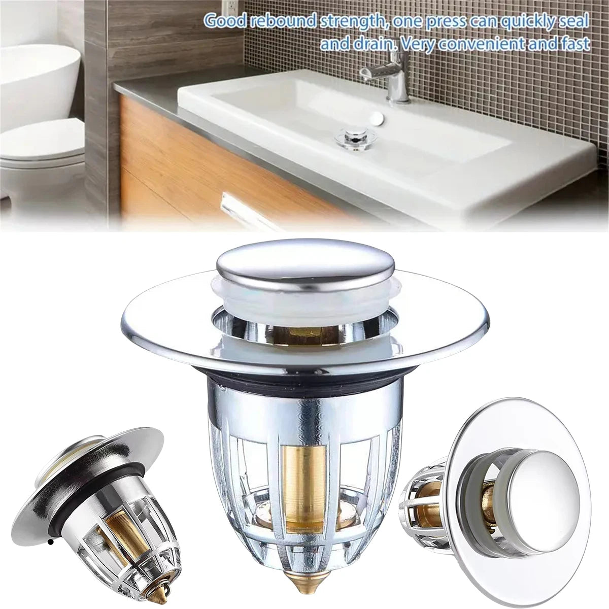 Chrome Pop-Up Sink Drain Plug – Push-Type Hair Catcher & Stopper