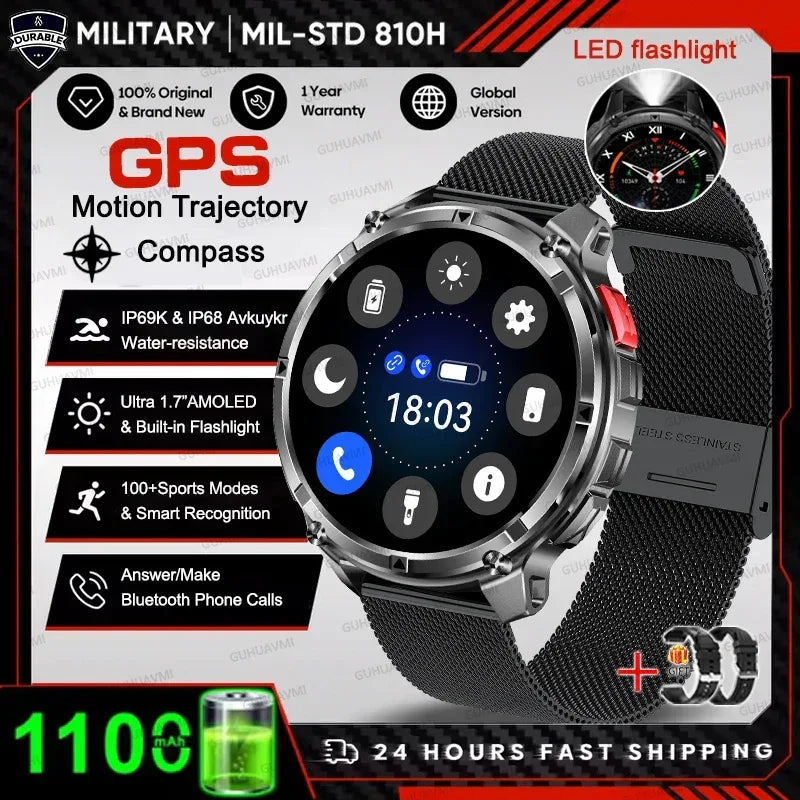 Men 1100mAh Ultra Durable Battery Smart Watch GPS Compass IP69K Waterproof BT Call 100+ Sport Mode Flashlight Sports Smartwatch - Urbizia