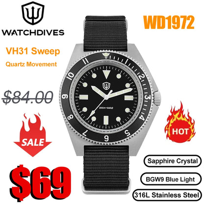 Watchdives WD1972 Quartz Watch VH31 Sweep Seconds Movement Sapphire Crystal BGW9 Luminous 20Bar Waterproof Vintage Men Watches