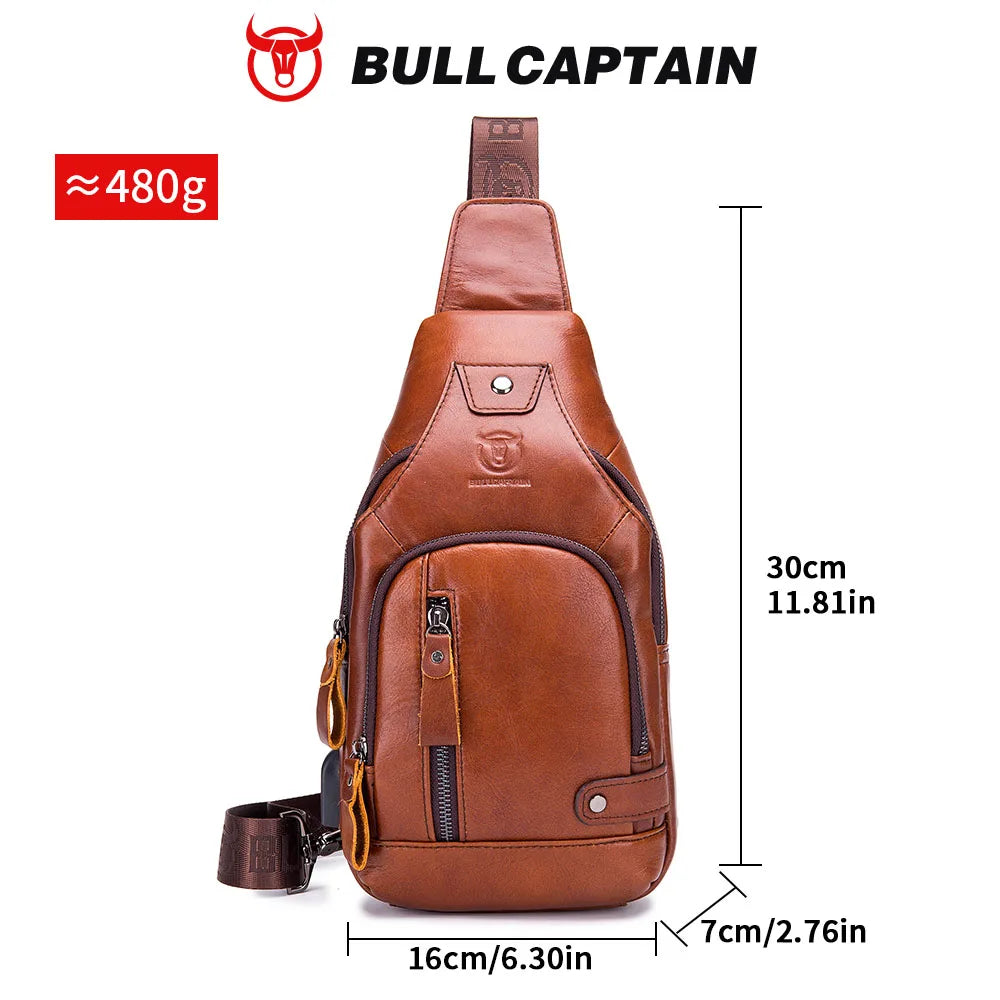 Bullcaptain Men's Usb Chest Bag 100% Genuine Leather Crossbody Shoulder Bags Multifunction Travel Outdoor Messenger Pack Fashion