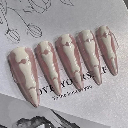 10Pcs Halloween Goth Bone Press-on Nails – Glossy Long Almond Full Cover False Nail Design for Women & Girls