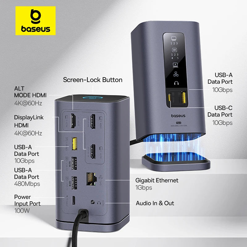 Baseus USB C HUB for Mac M3 M2 M1 System HDMI 4K@60Hz MST Triple Display for MacBook Air Pro Window 11-in-1 HUB Docking Station
