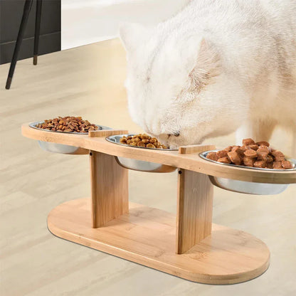 Raised Cat Feeder 3 Bowls in 1 Feeding & Watering Supplies 15° Raised Puppy 3 Stainless Steel Bowls Wood Stand Cats Accessories - Urbizia