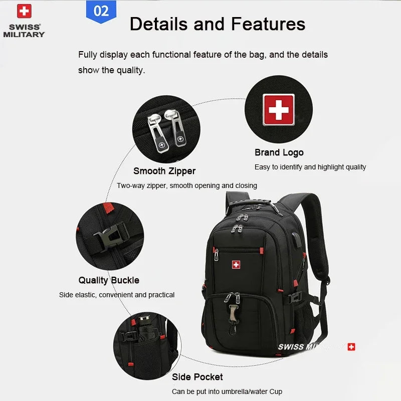 SWISS MILITARY Fashion Travel Multifunction Large Capacity Male Bag Usb Charging Waterproof 23 inch Laptop Backpack Men Mochila