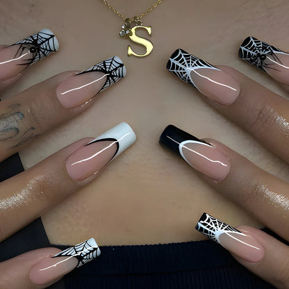 24Pcs Halloween Spider Fake Nails – Printed French Coffin Ballet Press-on Nails