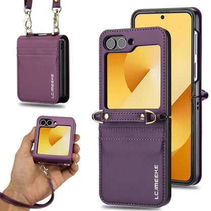 Crossbody Cards Solt Wallet Leather Case For Samsung Galaxy Z Flip 8 7 FE 6 5 4 3 5G Flip6 Flip7 Hand Strap Lanyard Pocket Cover
