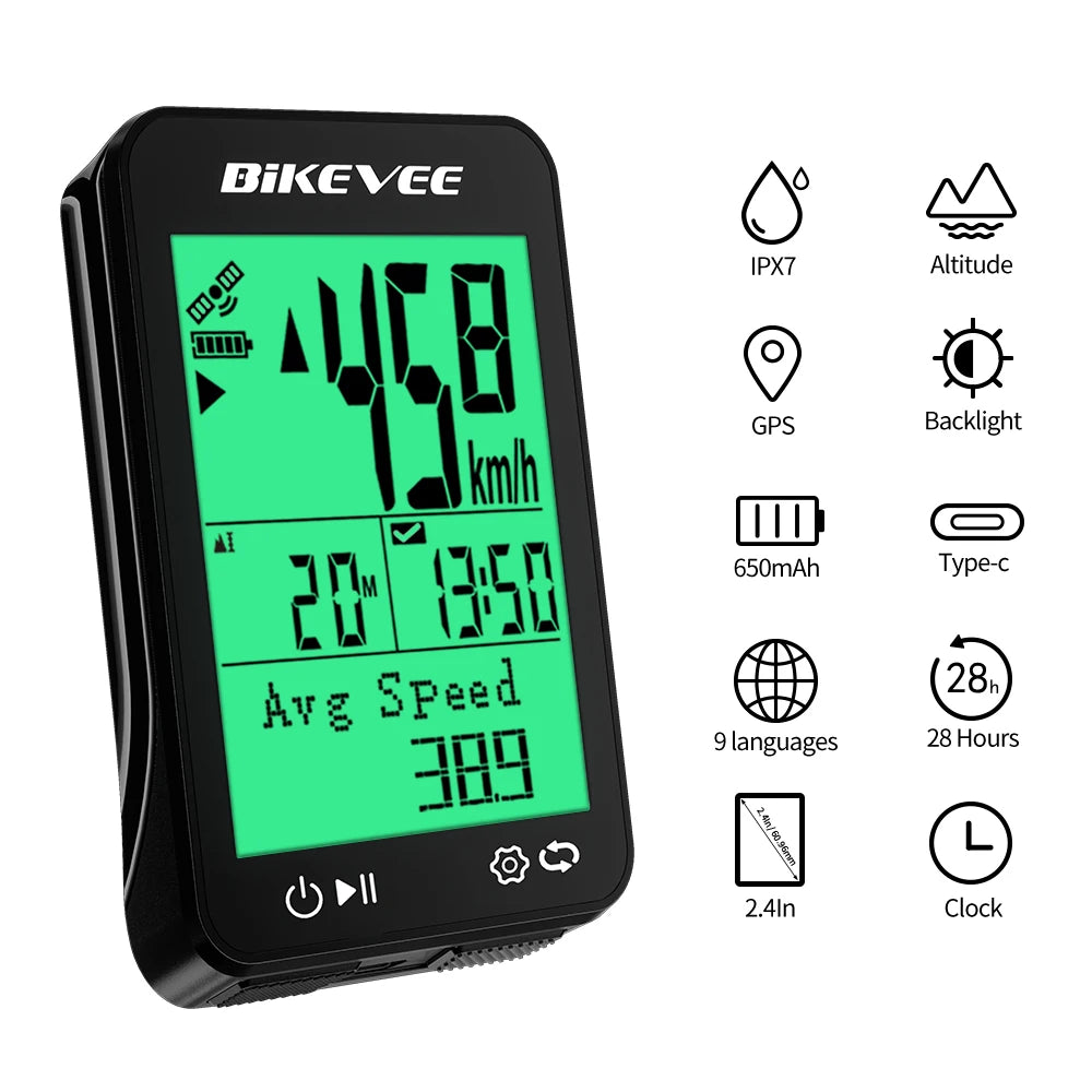 BIKEVEE 8 Kinds Multi-Language Wireless Bike Speedometer GPS Cycling Computer with Auto Backlight and Stand Waterproof Outdoor Bicycle Odometer Stopwatch Measurement Positioning MTB Road Tracker Bike Accessories
