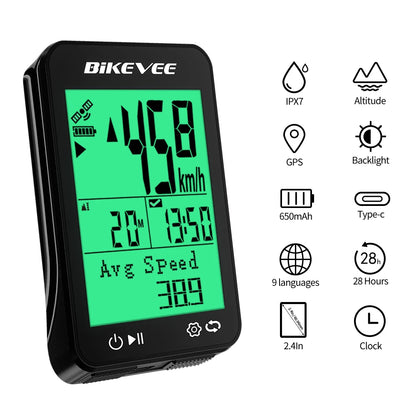 BIKEVEE 8 Kinds Multi-Language Wireless Bike Speedometer GPS Cycling Computer with Auto Backlight and Stand Waterproof Outdoor Bicycle Odometer Stopwatch Measurement Positioning MTB Road Tracker Bike Accessories