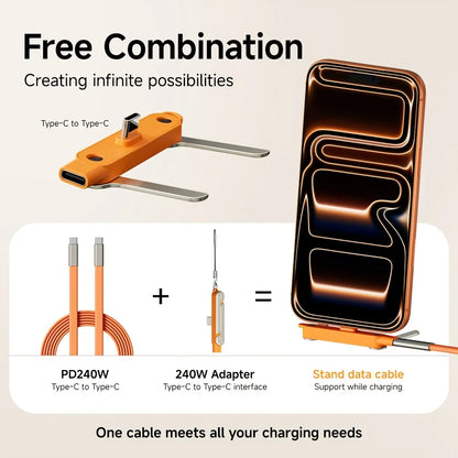 240W 2-in-1 Black/Orange Fast Charging Foldable Bracket Data Cable Type-C to Type-C Data Wire with Phone Tablet Stand