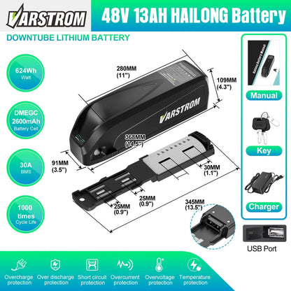 [US Stock] Varstrom Electric Bike Battery Hailong 48V 52V 20AH 30A Downtube Pack with 21700 Battery Cells 40A BMS for BBS02 TSDZ8 EBike Motor
