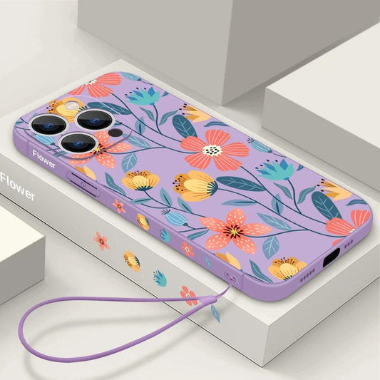 Flowers Soft Silicone Lanyard Case For iPhone 17 16e 15 16 Pro Max 12 13 14 11 Pro Max 17e Shockproof Bumper Strip Phone Cover