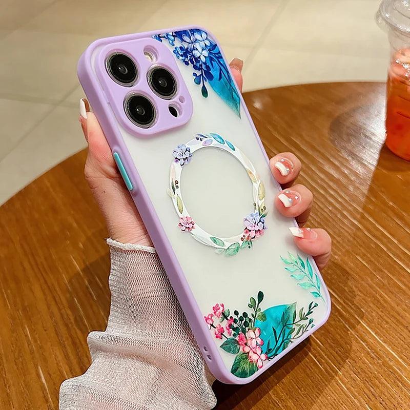 Flower Pattern Case For iPhone 17 16 13 15 Pro Max 14 12 Pro 11 Air Shockproof For Magsafe Charging Iron Ring Matte Phone Cover