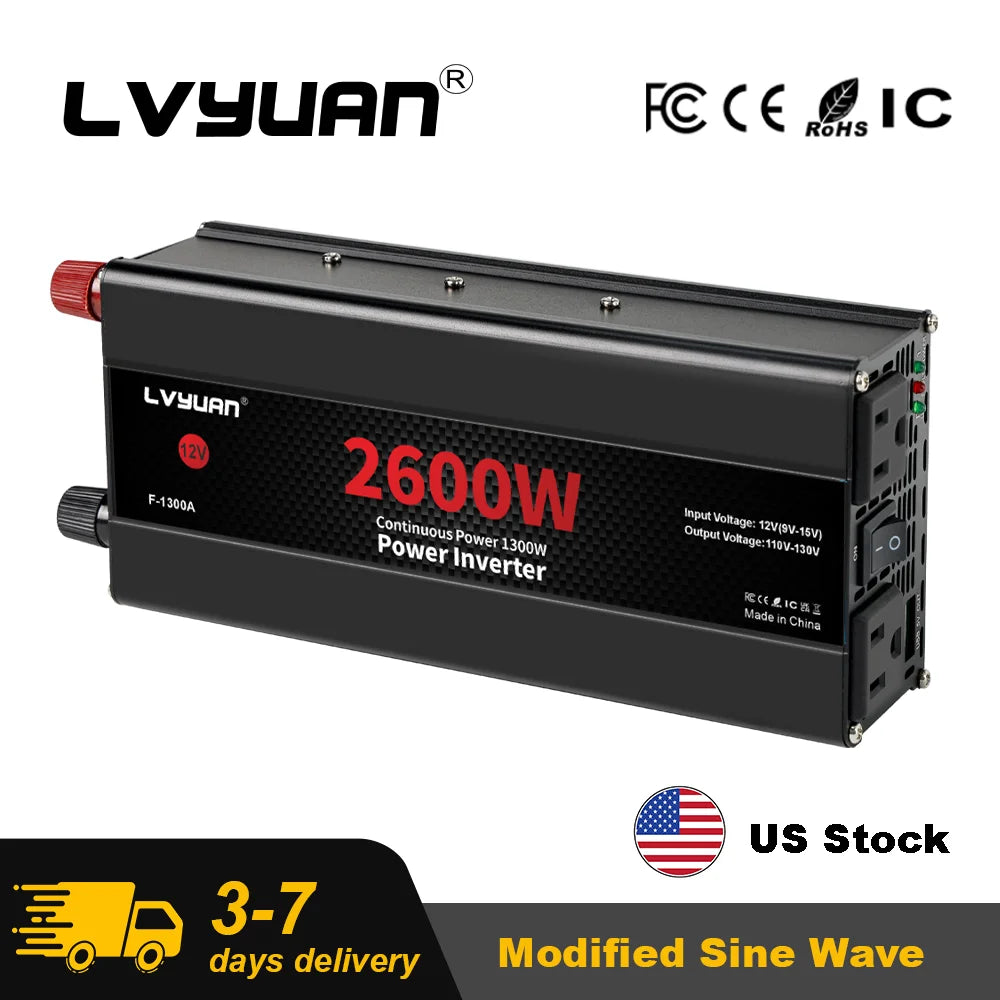 2600W 2000W 1500W LVYUAN Power Inverter 12V 110V 60Hz Car Inverter Dual US Sockets&USB Output Camping/Traval/RV Power Supply