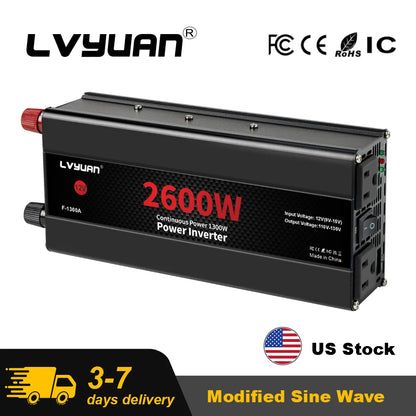 2600W 2000W 1500W LVYUAN Power Inverter 12V 110V 60Hz Car Inverter Dual US Sockets&USB Output Camping/Traval/RV Power Supply