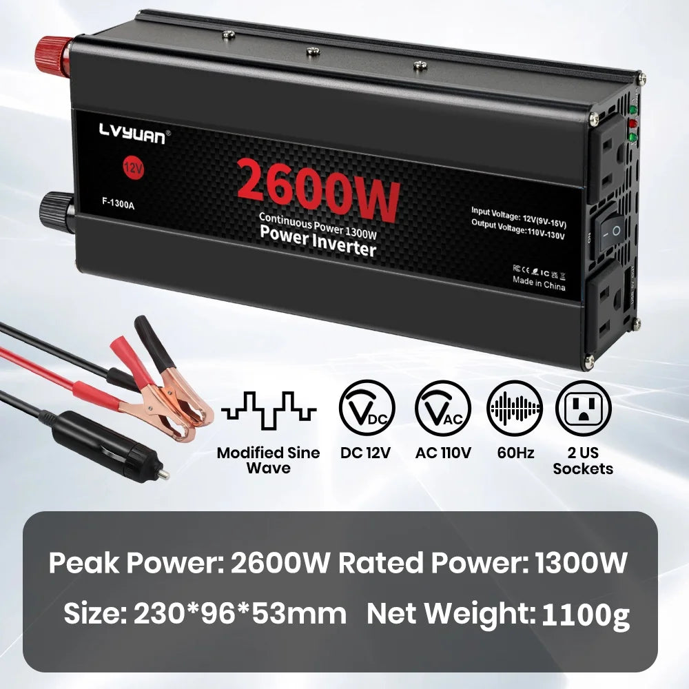 2600W 2000W 1500W LVYUAN Power Inverter 12V 110V 60Hz Car Inverter Dual US Sockets&USB Output Camping/Traval/RV Power Supply