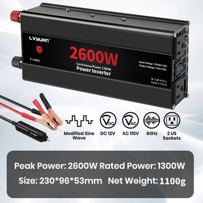 2600W 2000W 1500W LVYUAN Power Inverter 12V 110V 60Hz Car Inverter Dual US Sockets&USB Output Camping/Traval/RV Power Supply