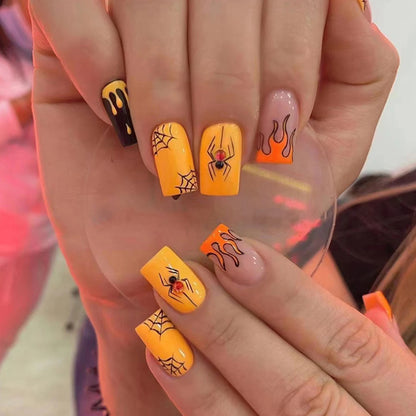 24Pcs Halloween Spider Fake Nails – Printed French Coffin Ballet Press-on Nails