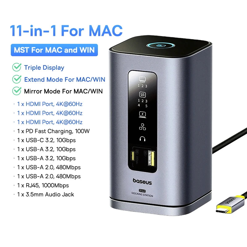 Baseus USB C HUB for Mac M3 M2 M1 System HDMI 4K@60Hz MST Triple Display for MacBook Air Pro Window 11-in-1 HUB Docking Station