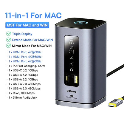 Baseus USB C HUB for Mac M3 M2 M1 System HDMI 4K@60Hz MST Triple Display for MacBook Air Pro Window 11-in-1 HUB Docking Station