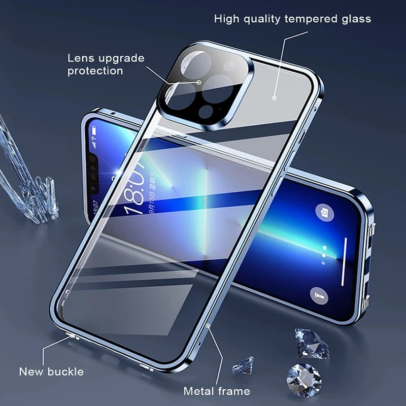 360°Full Protection Metal Magnetic Double-Sided Glass Lock Buckle Phone Case For iPhone 16 Pro Max 14 12 13 11 15 Pro Max Cover
