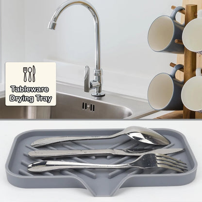Silicone Faucet Mat Kitchen Sink Splash Drying Pad with Drain Soap Dispenser Sponge Storage Tray