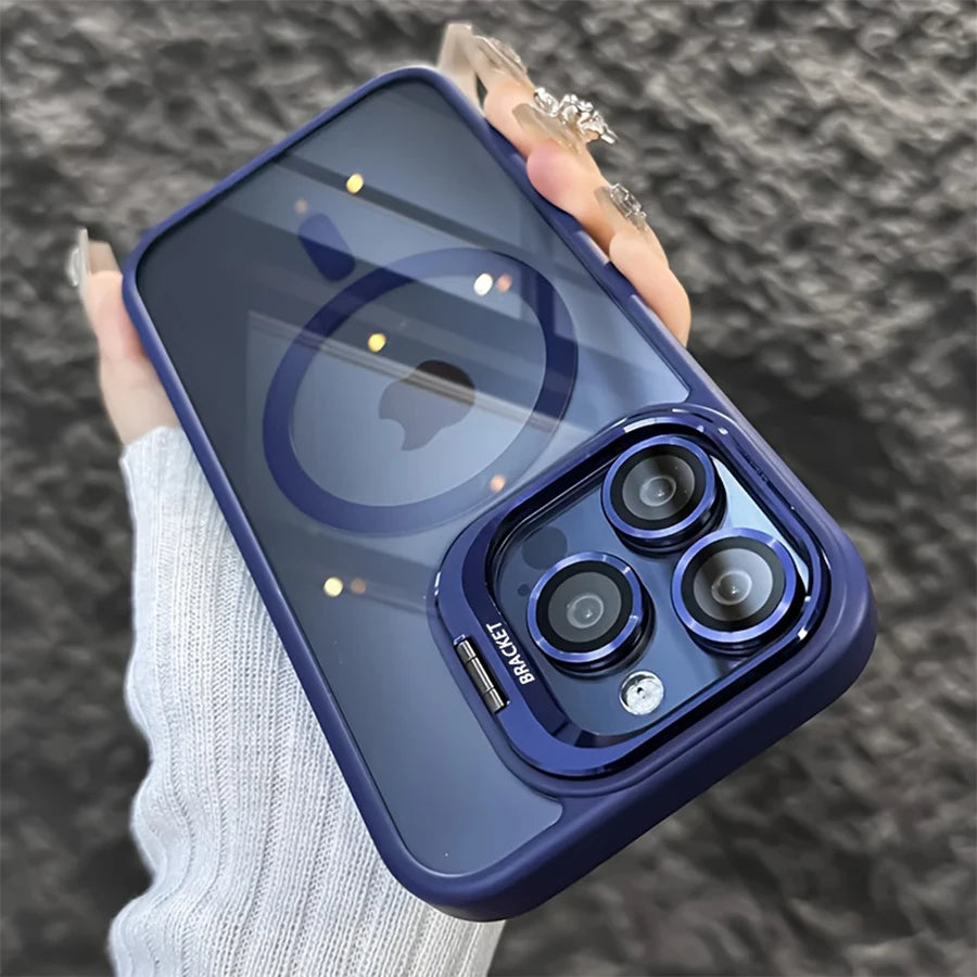 Phone Case - A Simple Magnetic Metal Frame Lens Protective Film/Stand Three-In-One Phone Case, Compatible with iPhone 18/17/16/15/14/13/12 Pro/Pro Max/Air/Plus，and For Samsung Galaxy S22/S23+/S24 FE/S25 Plus/S26 Ultra Sleek