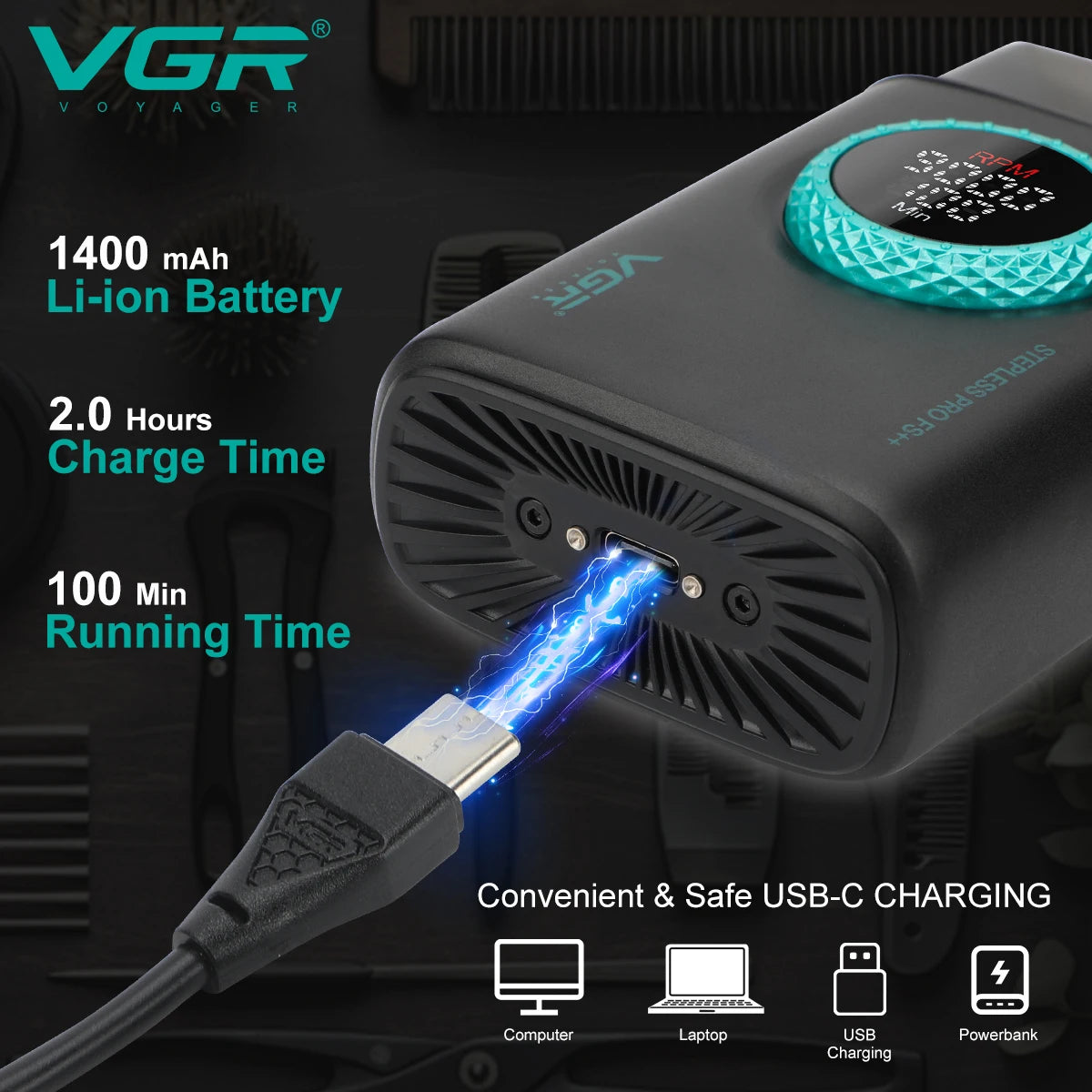 VGR Shaver Professional Beard Trimmer 9000 RPM Electric Razor Rechargeable Shaving Machine LED Lights Metal Shaver for Men V-378