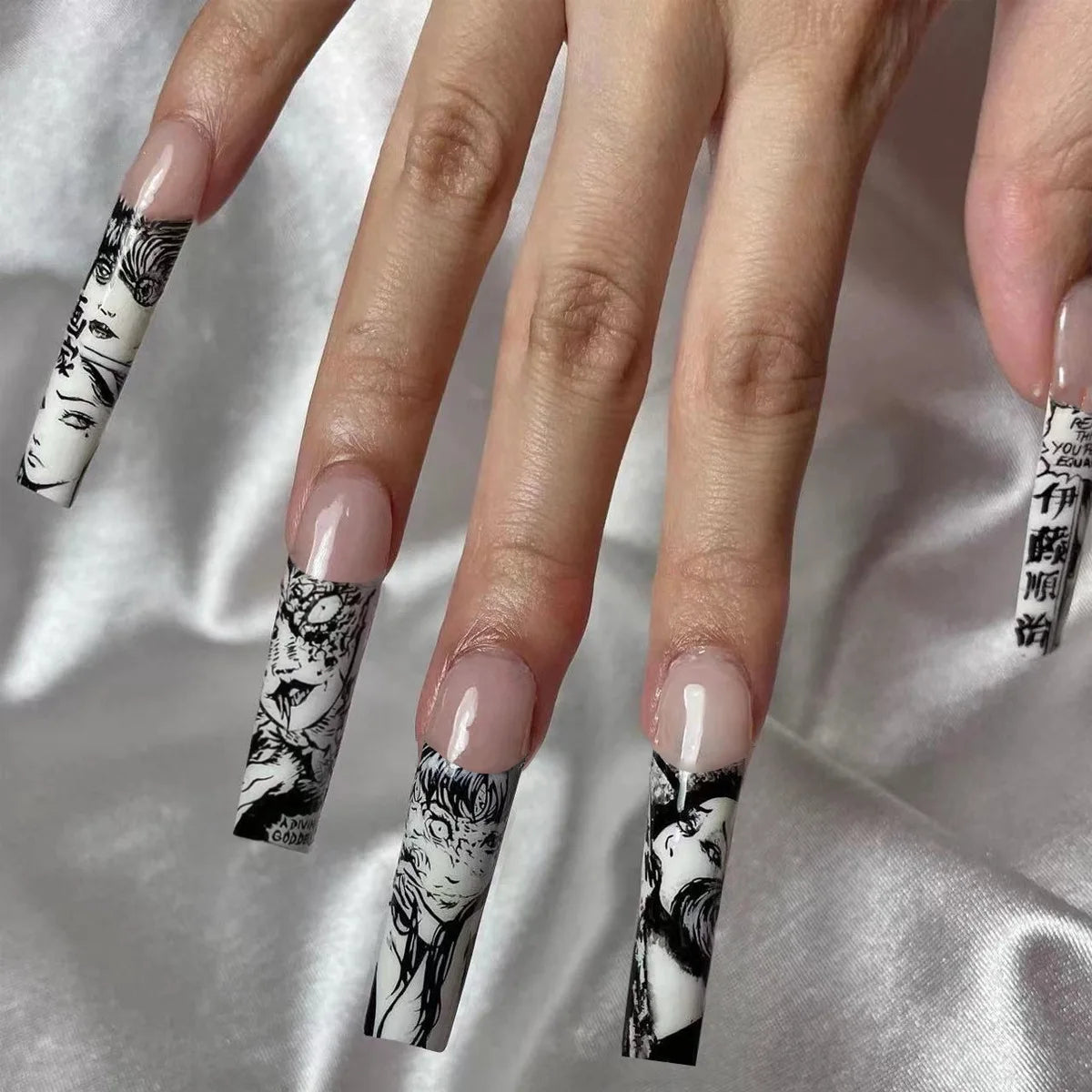 24pcs Halloween Press-On Nails – Gothic Punk 3D Spider Skull Design, Black Y2K Coffin French Fake Nails