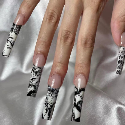 24pcs Halloween Press-On Nails – Gothic Punk 3D Spider Skull Design, Black Y2K Coffin French Fake Nails