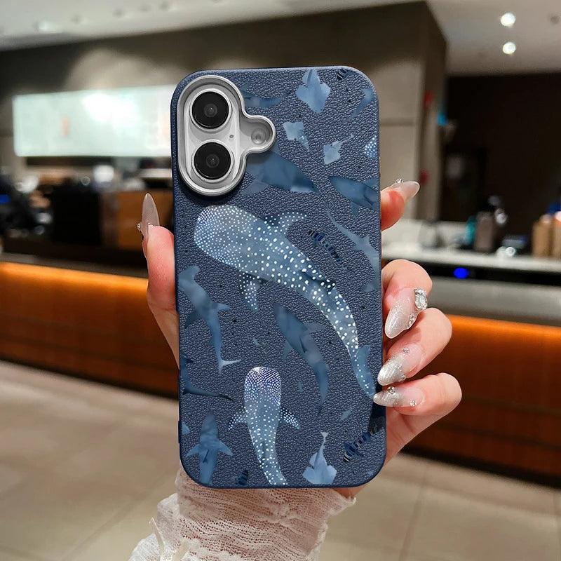 Whale Printed Leather Texture TPU Case for iPhone Series