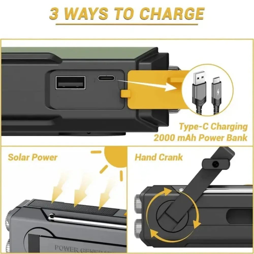 Weather Radio Emergency Multifunctional Radio FM AM WB Hand Crank Solar USB Charging 2000mAh Power Bank LED Flashlight Torch - Urbizia