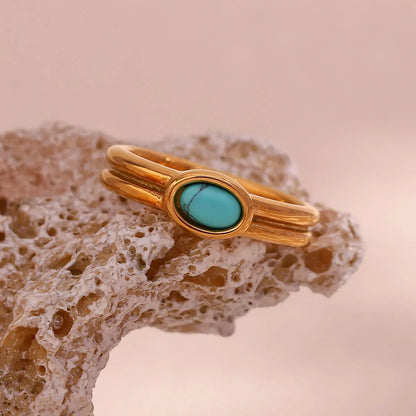 E.B.belle Females Y2K Accessories Natural Stone Lapis Turquoise Pearl Paved Stainless Steel Non Tarnished Rings For Woman