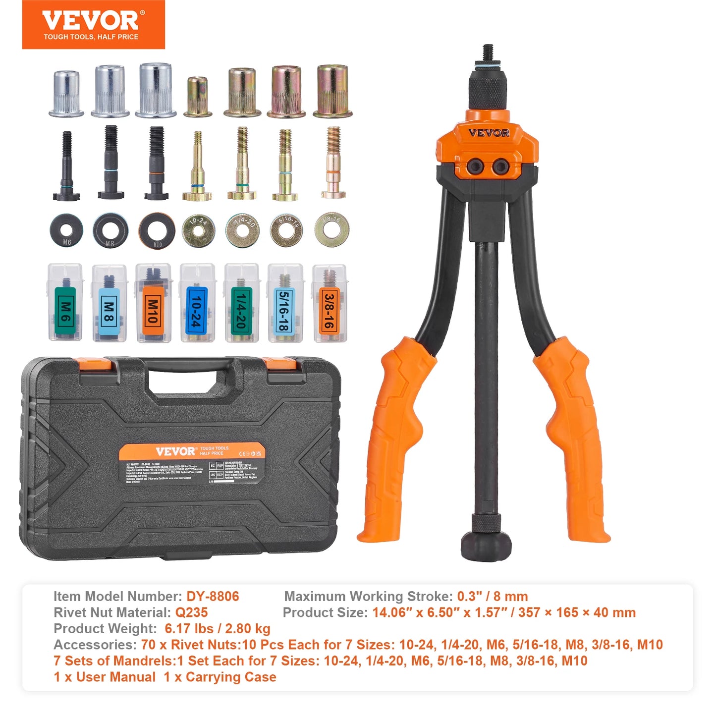 SucceBuy 14" 16" Rivet Nut Tool Rivnut Tool Kit with Metric and SAE Mandrels 70PCS/186PCS Rivet Nuts With Rugged Carrying Case