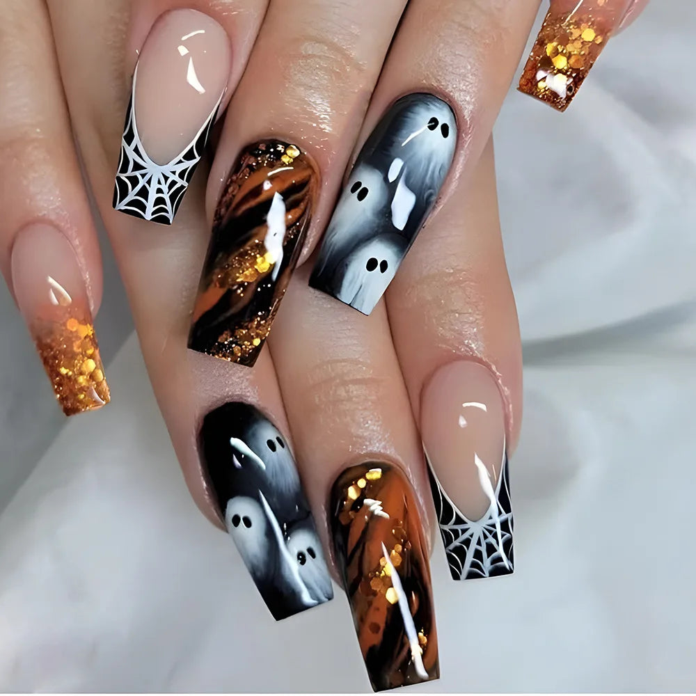 24Pcs Halloween Spider Fake Nails – Printed French Coffin Ballet Press-on Nails