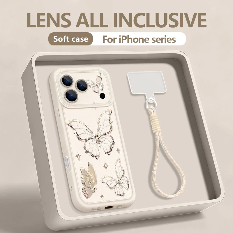 Retro Butterfly Pattern Lanyard Phone Case For iPhone 18 17 Pro Max 16 14 15 17 Pro 13 Pro Max 17e 16e 11 Soft Wrist Strap Cover