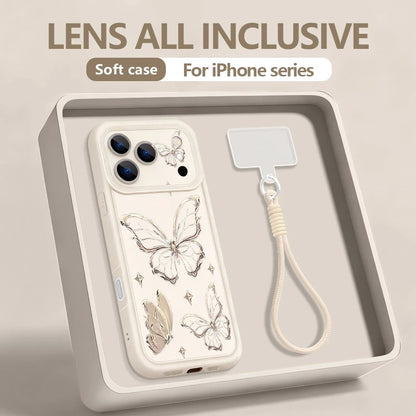 Retro Butterfly Pattern Lanyard Phone Case For iPhone 18 17 Pro Max 16 14 15 17 Pro 13 Pro Max 17e 16e 11 Soft Wrist Strap Cover