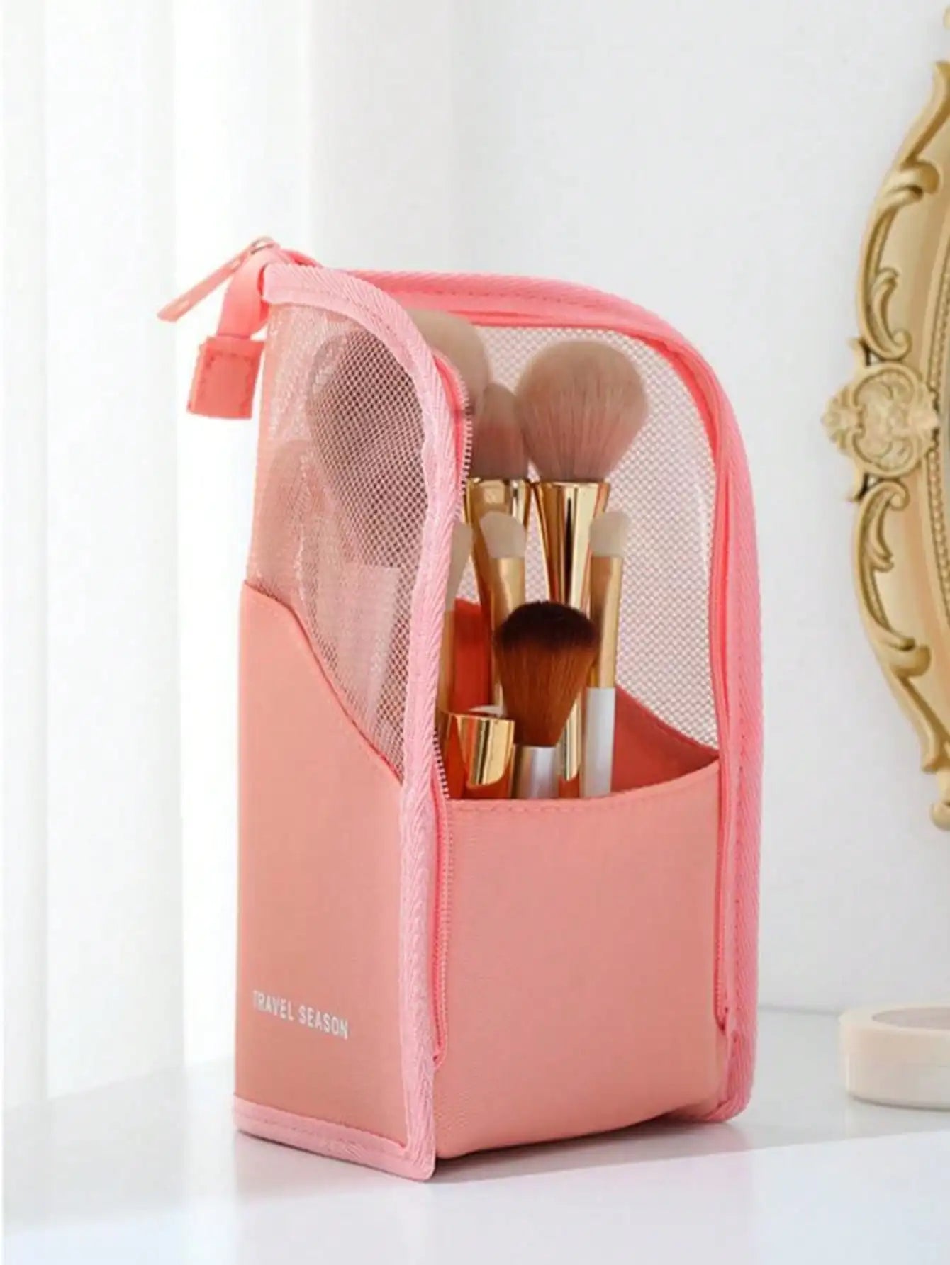Pink Makeup Brush Holder Bag, With Zipper, Transparent PVC Waterproof Travel Makeup Brush Storage, Portable Makeup Brush Pouch, Professional Makeup Bag, Artist Storage Bag, Essential Foldable Makeup Cup, Suitable Home,, Vacat