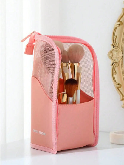 Pink Makeup Brush Holder Bag, With Zipper, Transparent PVC Waterproof Travel Makeup Brush Storage, Portable Makeup Brush Pouch, Professional Makeup Bag, Artist Storage Bag, Essential Foldable Makeup Cup, Suitable Home,, Vacat