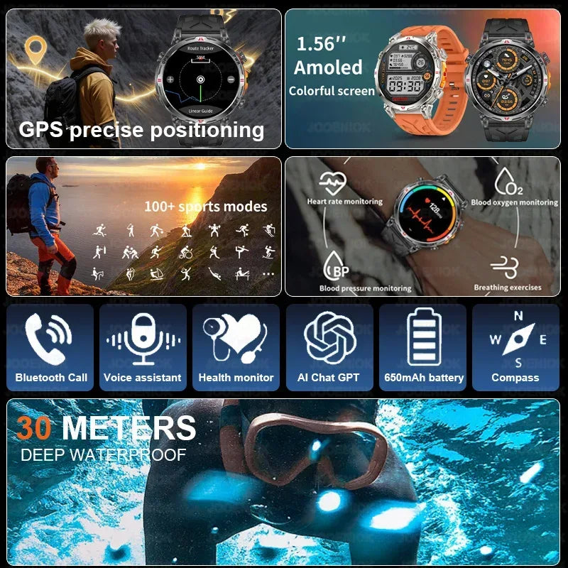 2026 New Outdoor Sports Smartwatch Men GPS Positioning 650mAh HD Call 1.56-inch AMOLED Screen Compass 5ATM Waterproof Watch Man - Urbizia