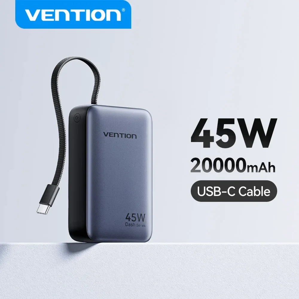 45W 20000mAh Fast Charging Power Bank with Built-in Cable