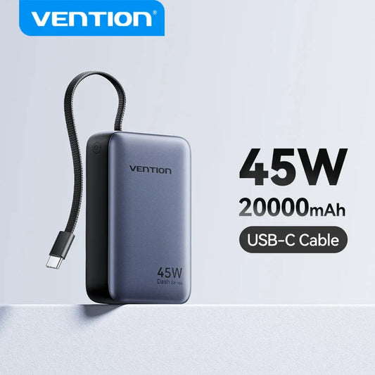 45W 20000mAh Fast Charging Power Bank with Built-in Cable