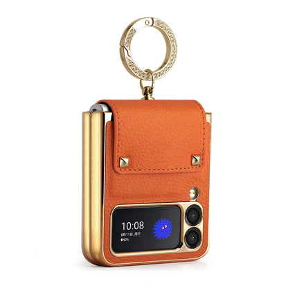 Z Flip6 Flip4 Flip5 plating PC Ring Holder Orange Leather mobile phone case for samsung galaxy Z Flip 7 5 Z flip4 5 cover case