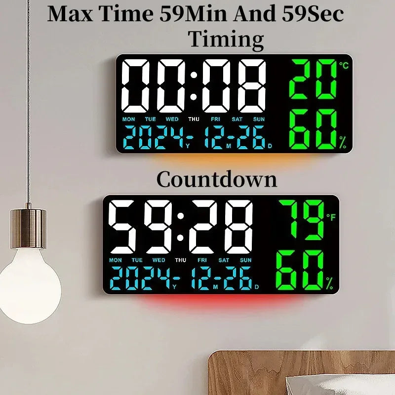 Large Digital Wall Clock with 7Colors Mood Light 2 Alarm TEMP Humidity Date Table Clock 12/24H Timing Countdown LED Alarm Clock - Urbizia