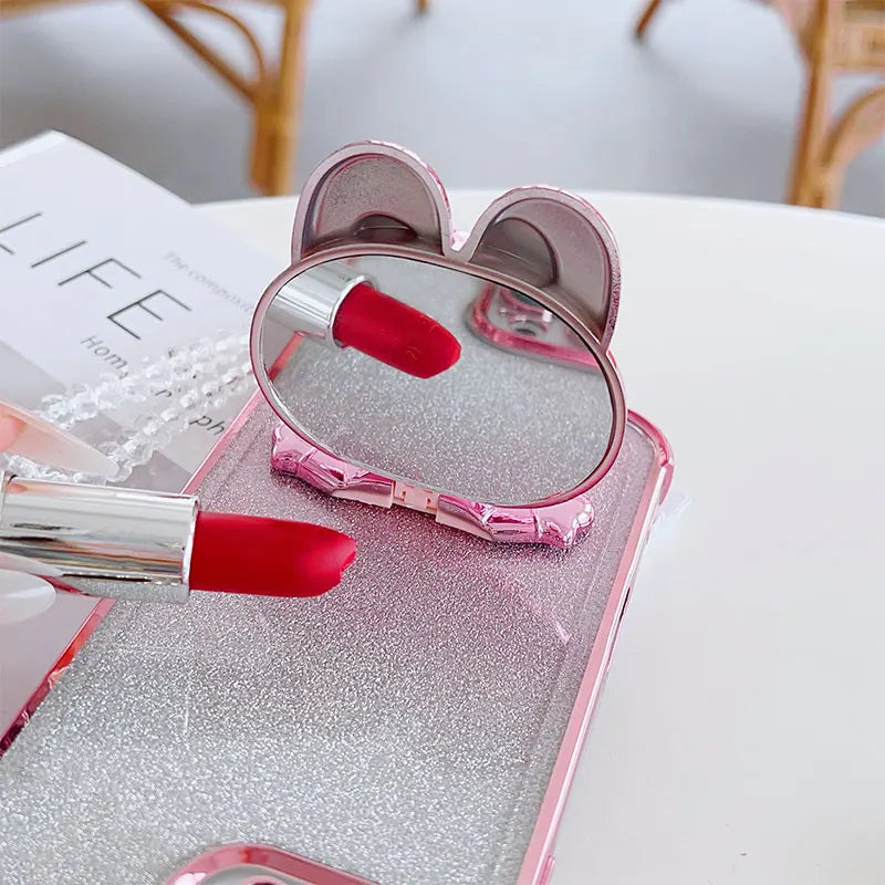 Luxury Shockproof Phone Case with Rabbit Makeup Swivel Stand Crystal Lanyard For Xiaomi Redmi 15 4G 5G 169mm 171mm Back Cover