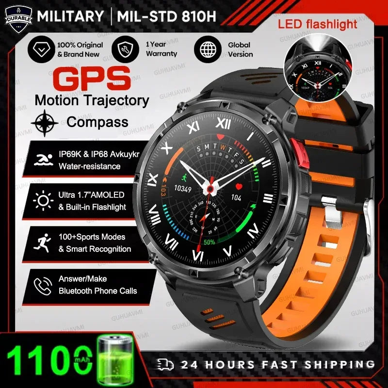 Men 1100mAh Ultra Durable Battery Smart Watch GPS Compass IP69K Waterproof BT Call 100+ Sport Mode Flashlight Sports Smartwatch - Urbizia